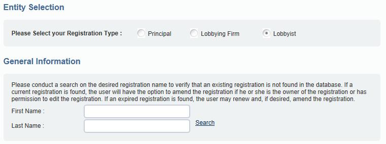 Lobbyist: Step 5: Enter a Registration Name After selecting a registration type, enter the desired registration name and click Search.