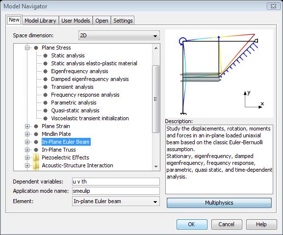 Model Library path: Structural_Mechanics_Module/Benchmark_Models/inplane_framework MODEL NAVIGATOR 1 Select 2D in the Space dimension list on the New page in the Model Navigator.