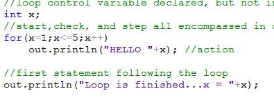 The for loop Notice very carefully that THERE IS NO SEMICOLON at the end of the for