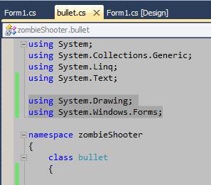 Now it's time to start on the bullet class - First under the using part of the class add the two highlighted above. First one is System.Drawing; and second is System.Windows.