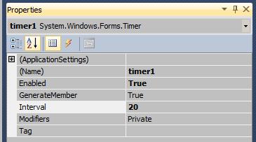 Under the properties window for the timer change the enabled to true, interval to 20.