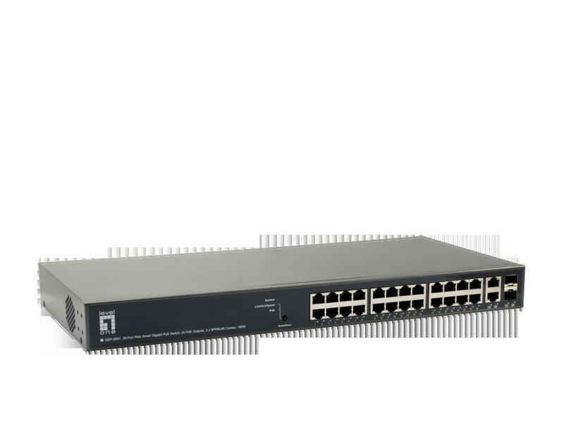 GEP-2651 delivers 24 (10M/100M/1G) RJ45/PoE+ (Support 802.3at/af, and total up to 185W) ports and 2 Combo GbE RJ45/SFP ports.