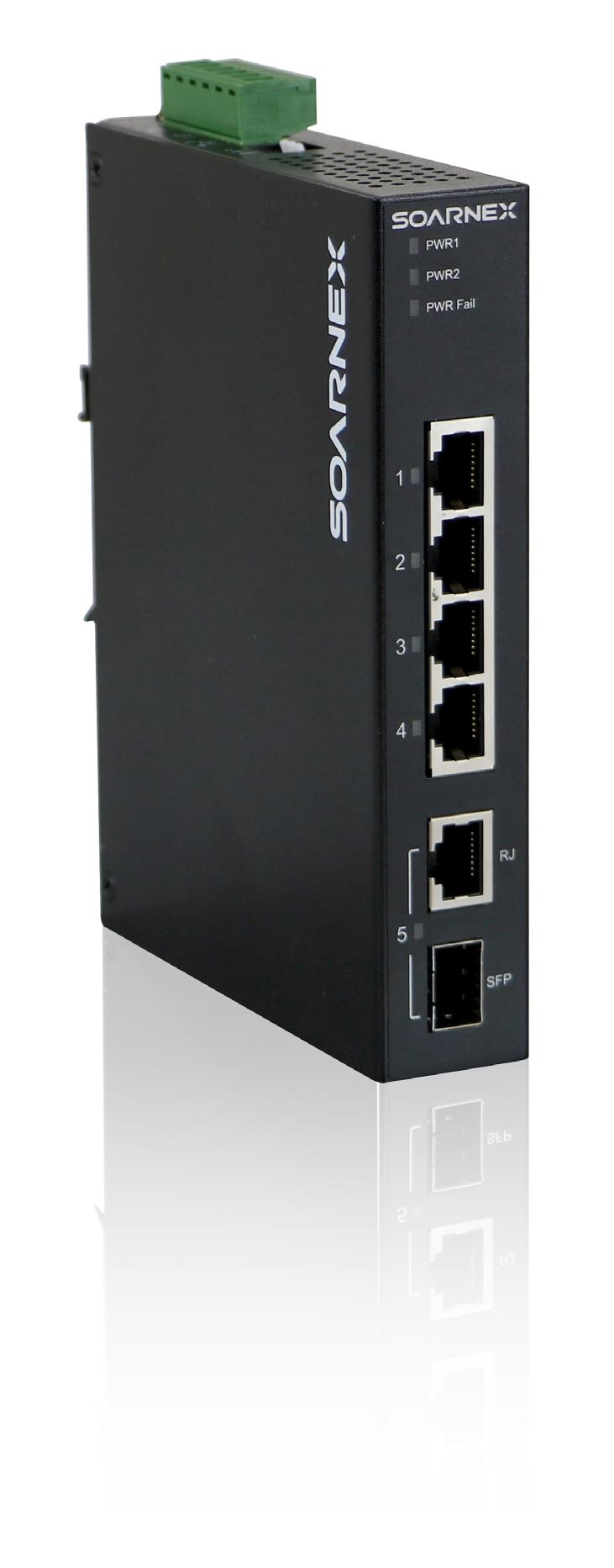 5-Port Hardened Industrial Gigabit DIN-Rail Switch IS120-05-SFP Slim Type Designed for rugged environment The IS110-05-SFP is a compact size Industrial Fast Ethernet Switch provides 4-port