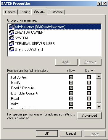 SIMATIC and security settings in Windows 2003 Figure 3-2: Tab security for a folder on a SIMATIC BATCH Server NOTE Depending what is entered in these tabs, a