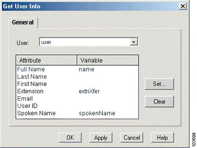 Designing an Auto Attendant Script Menu Step The Get User Info step, as shown in Figure 30, makes user attributes available to the script.