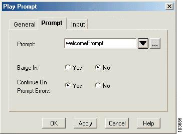 Play Prompt Step Designing an Auto Attendant Script Figure 17 Play Prompt Customizer Window Configured Prompt Tab The three tabs of the Play Prompt customizer window contain the following data: