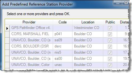 Step 5. Download reference station data Note that you can click any column heading to sort the rows based on the column. 5. In the Add Predefined Reference Station Provider dialog, select CORS, MARSHALL FIELD p041 in the list.
