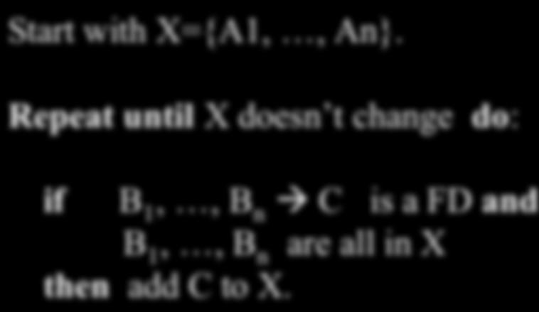 Closure Algorithm Start with X={A1,, An}.