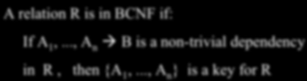 Normal Forms First Normal Form = all attributes are atomic Second Normal Form (2NF) = old and obsolete Third Normal Form (3NF) = this lecture Boyce Codd Normal Form (BCNF) = this lecture Others.