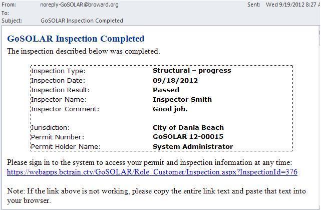When the inspection is completed, you will receive an email message similar to the example shown below.
