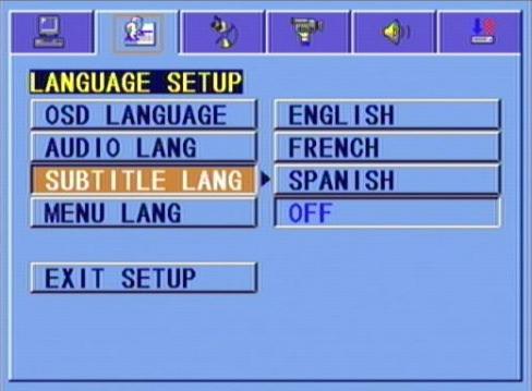 Off. MENU LANGUAGE Highlight the MENU LANG option, and press the Arrow buttons to choose the menu language you prefer. Press Enter to confirm.