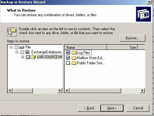 Click Next Select Restore Files and Settings and Next Expand File- ExchangeDat Expand Lab-Sourc Then on