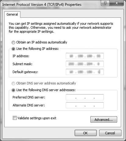 Then select Advanced. If PC is setup to obtain and IP address automatically, IP addresses have to be manually added. If using static IP addresses, continue to Advanced.