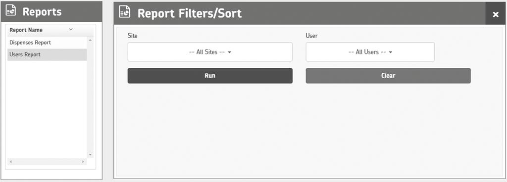 To run user report: 1 Click Users Report. 2 Filter dispense report results by categories shown, if needed.