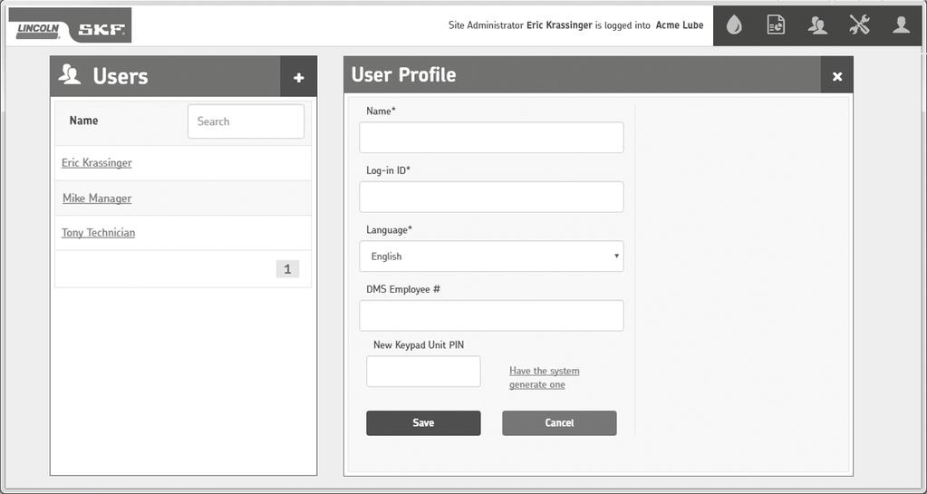 Add new users Administrators are able to create new users, technicians and managers. Click (+) sign in upper right corner of Users panel. User Profile editing panel appears.