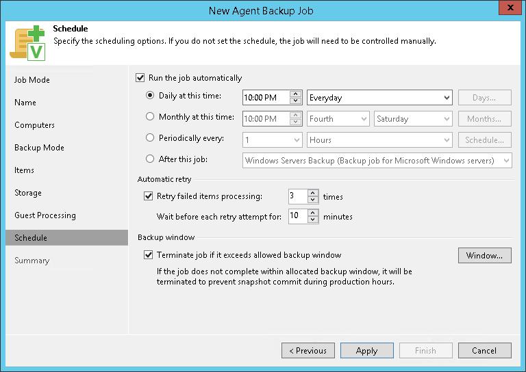 3. In the Automatic retry section, define whether Veeam Backup & Replication or Veeam Agent for Microsoft Windows (depending on the selected job mode) must attempt to run the backup job again if the