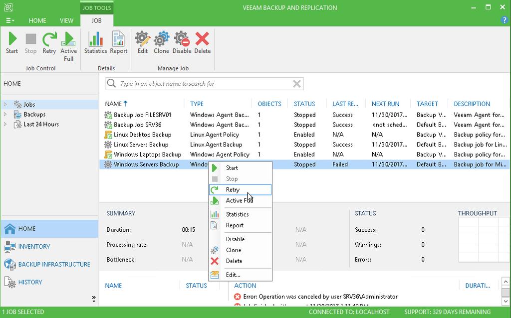 Retrying Veeam Agent Backup Job You can manually retry a Veeam Agent backup job configured in Veeam Backup & Replication if the job failed during the previous job session. To retry a job: 1.