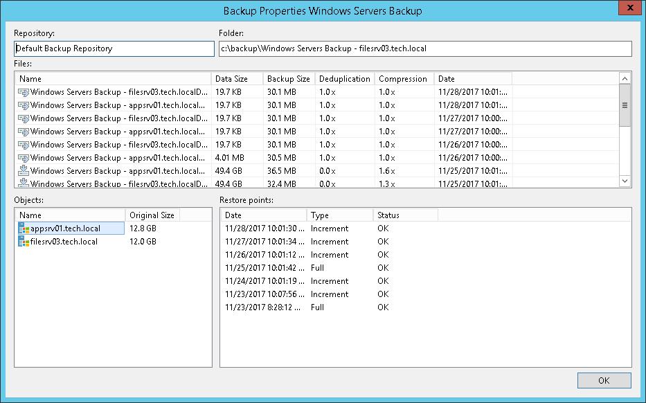 Viewing Properties You can view summary information about backups created by Veeam Agent backup jobs on the backup repository.
