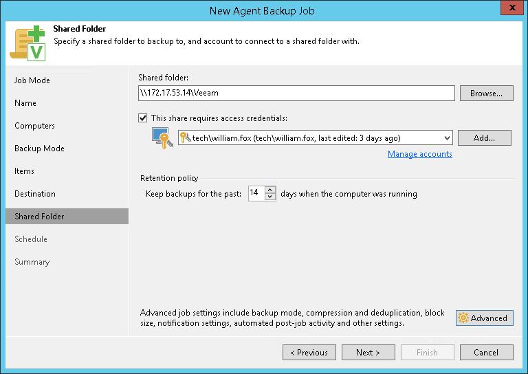 4. Click Advanced to specify advanced settings for the backup job. To learn more, see Specify Advanced Backup Settings.