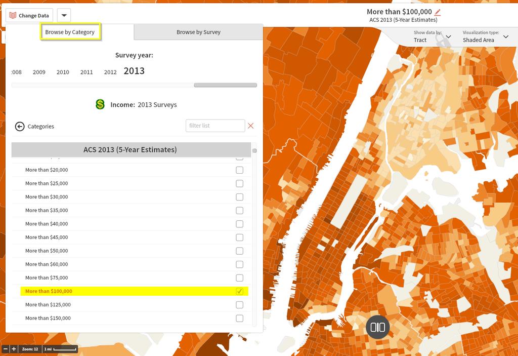 1. Let s visualize data other than Population Density. If you did the optional step, zoom back in to Manhattan. In the Show data by drop down menu, change the selection to Tract. 2.