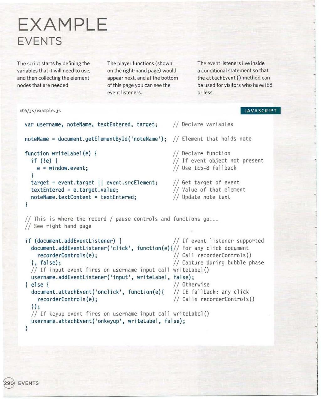 EXAMPLE EVENTS The script starts by defining the variables that it will need to use, and then collecting the element nodes that are needed.