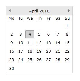 Designtime Runtime Properties for TWebJQXCalendar Date ElementClassName ElementID EndDate FirstDayOfWeek MaxDate Sets the Calendar s Date.
