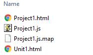 When you have compiled the application in debug mode, the output folder contains the following files: The file project1.js contains the Javascript compiled application. The file project1.html is the general project HTML file.
