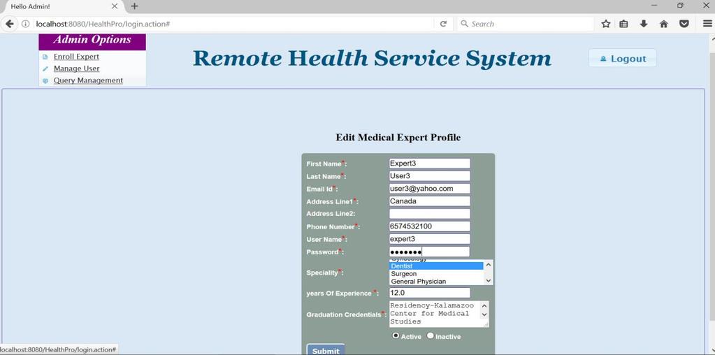 88 Manage Medical Experts (Activate a Medical Expert) Admin Screen: The