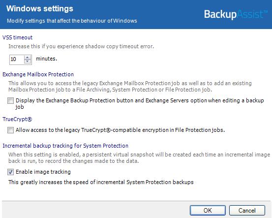 Windows settings The Windows settings screen allows you to manage a selection of BackupAssist settings specific to Windows.