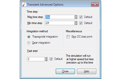 10.2. Transient Analysis Advanced Options Opens a dialog as shown below Time Step The simulator always chooses the time step it uses but it will not rise above the maximum time step specified here.