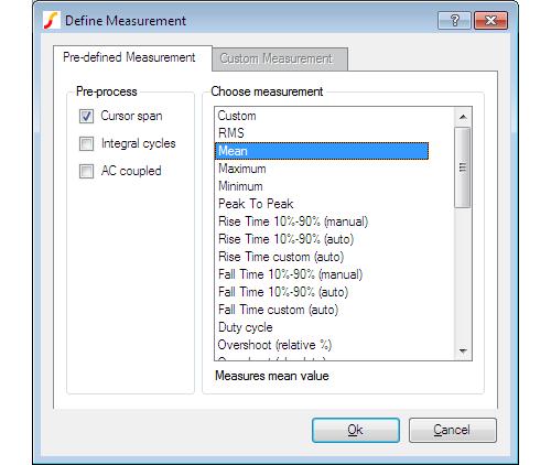 3.3. Tutorial 2 - A Simple SMPS Circuit In the right hand pane labelled Choose Measurement select Mean. In the Pre-process group, select Cursor span. Click Ok to close the dialog box.