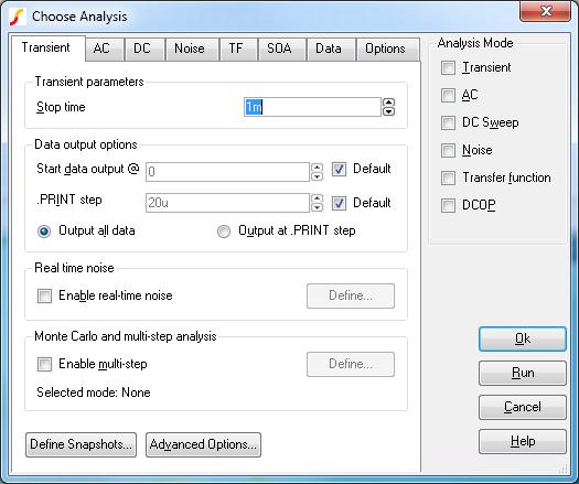 4.4. Analysis Modes 4.4.2 Setting up a SIMetrix Simulaton Analysis mode is setup by selecting the menu Simulator Choose Analysis.
