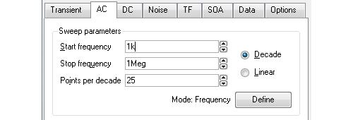 4.4. Analysis Modes The analysis will sweep the frequency over the range specified by Start frequency, Stop frequency and Number of points or Points per decade if you select a decade sweep.