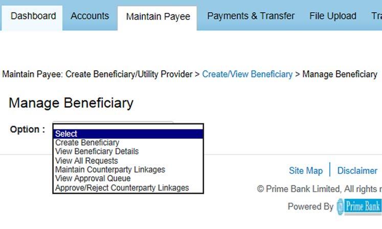 MAINTAIN PAYEE The Maintain Payee menu has the submenu of Create / View Beneficiary, and Register/View Utility Provider as shown below.