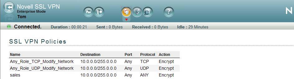 6e Open a new SSL VPN browser session and enter http://am3bc.provo.novell.com/sslvpn/ login. 6f Log in as Tom. (See Creating a New User with a Sales Role on page 122.) 6g Click Policies.