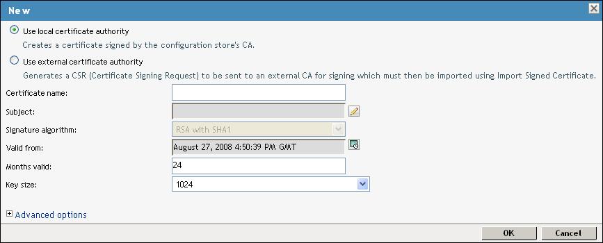 9 Click Use local certificate authority. This option creates a certificate signed by the local CA (or Organizational CA), and creates the private key.