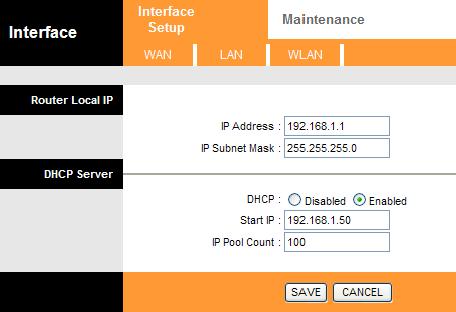 LAN Set IP address of the LAN network and run DHCP server Current IP address Choose Enabled to run DHCP server IP Range WLAN WLAN Setting options: Channel: Wireless transfer channel Output Power: