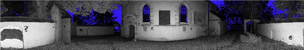 4 overlapping point clouds of a part of a chapel, in