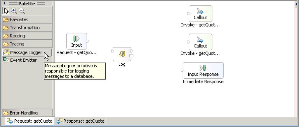To build the request flow, complete the following steps: 1. In the Operation connections section at the top of the editor, select the source interface s getquote operation.