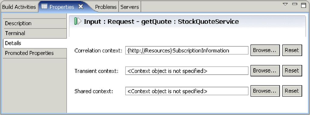 11. Click Log in the request flow canvas to see the primitive s properties in the Properties view. Click the Details tab to view the properties. Use the default database to log the message.