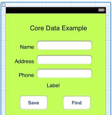 The user interface for an ios Core Data Application example Note: Before proceeding, stretch the status label (located above the two buttons) so that it covers most of the width of the view.