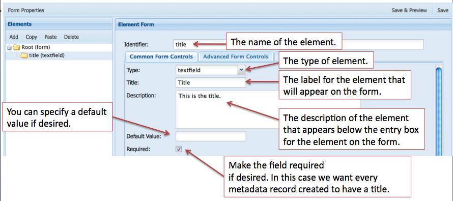 Type: Used to determine the type of form field. Title: The label of the form field as it appears on your form. Description: The description of the form field.