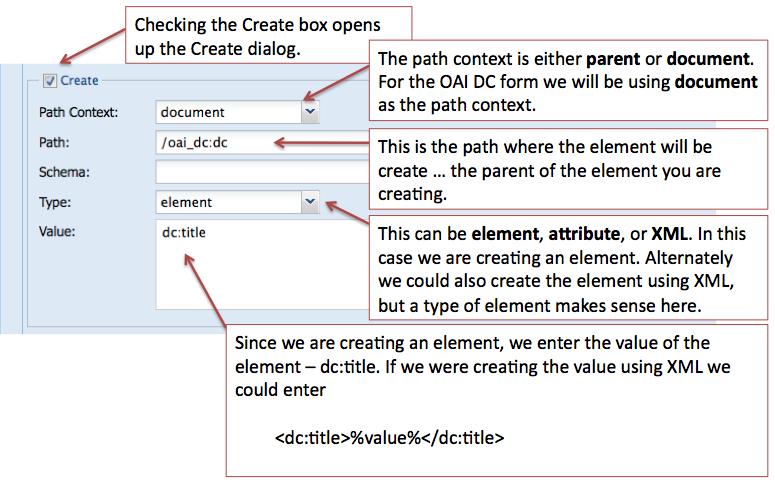 The rest of the form deals with where the element will be read, updated, and/or deleted from. Read action is about selecting the node that will be used to populate the form field.