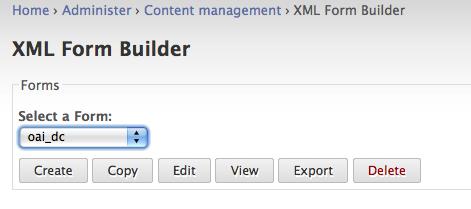 Create: Select Create to begin the process of creating a metadata form from scratch or from an existing form definition file (an XML Form Builder form).