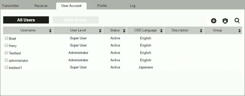 KVM over IP Matrix System User Manual User Account Click Users in the System Status panel to open the settings. The User Account page allows you to add, delete and configure user accounts.