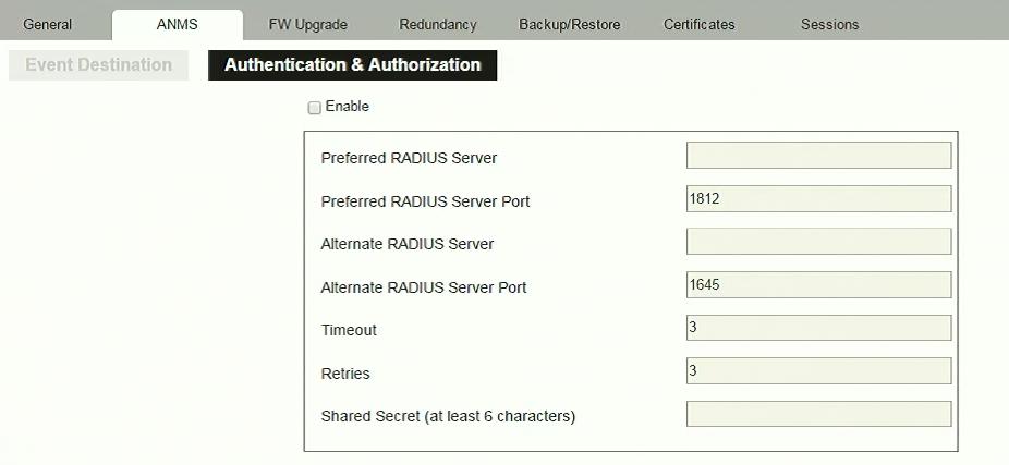 Chapter 7. Settings Authentication & Authorization RADIUS Settings To allow authentication and authorization through a RADIUS server, do the following: 1. Check Enable. 2.