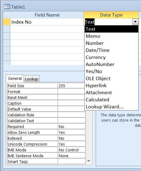 ECDL Syllabus 5 Courseware Module 5 To choose a data type for a field: 1. In Design view, tab to the Data Type column for the desired field. 2.