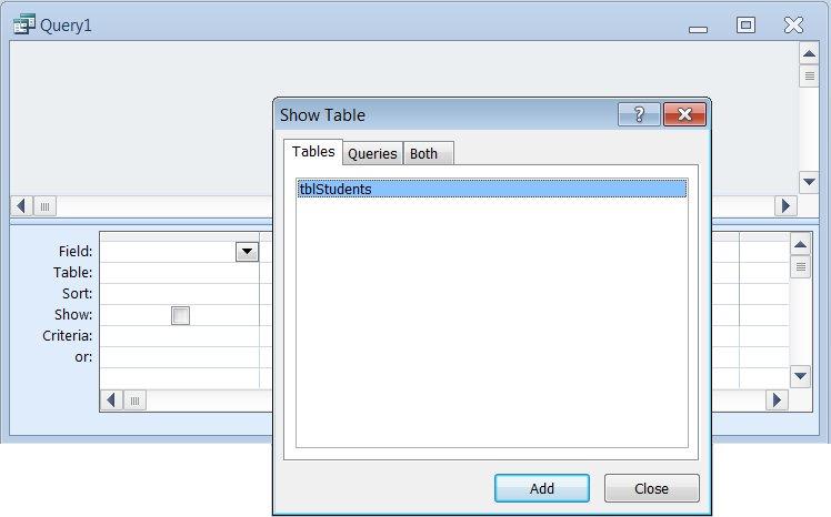 The Select Query window is divided into two areas: the table pane (top pane) and the QBE grid (bottom pane).