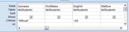 ECDL Syllabus 5 Courseware Module 5 Running the above query displays all students whose surname is Mifsud'. Note that when you type Mifsud and click another cell, Mifsud will be displayed as =Mifsud.