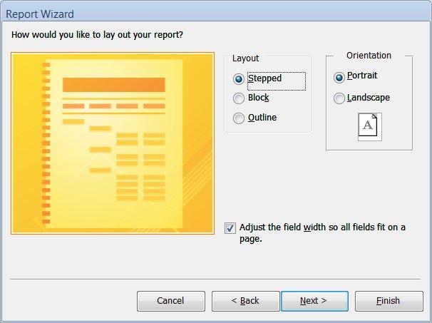 You will be returned to the previous Report Wizard dialog box. Click Next button to display the next Report Wizard dialog box. 7.